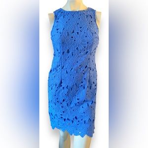 Ann Taylor size 6 petite, bright blue, floral crochet/lace overlay dress.